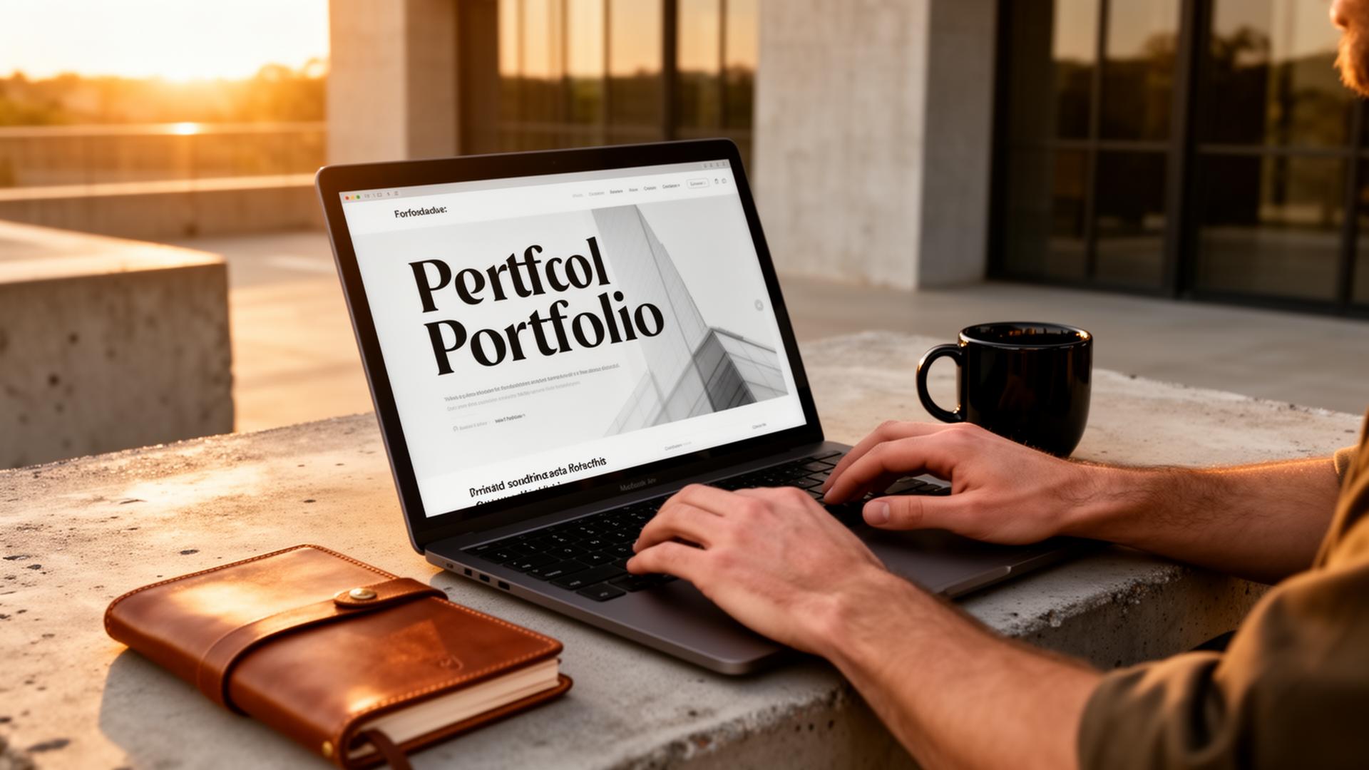 Portfolio-Website auf Laptop bei Sonnenuntergang