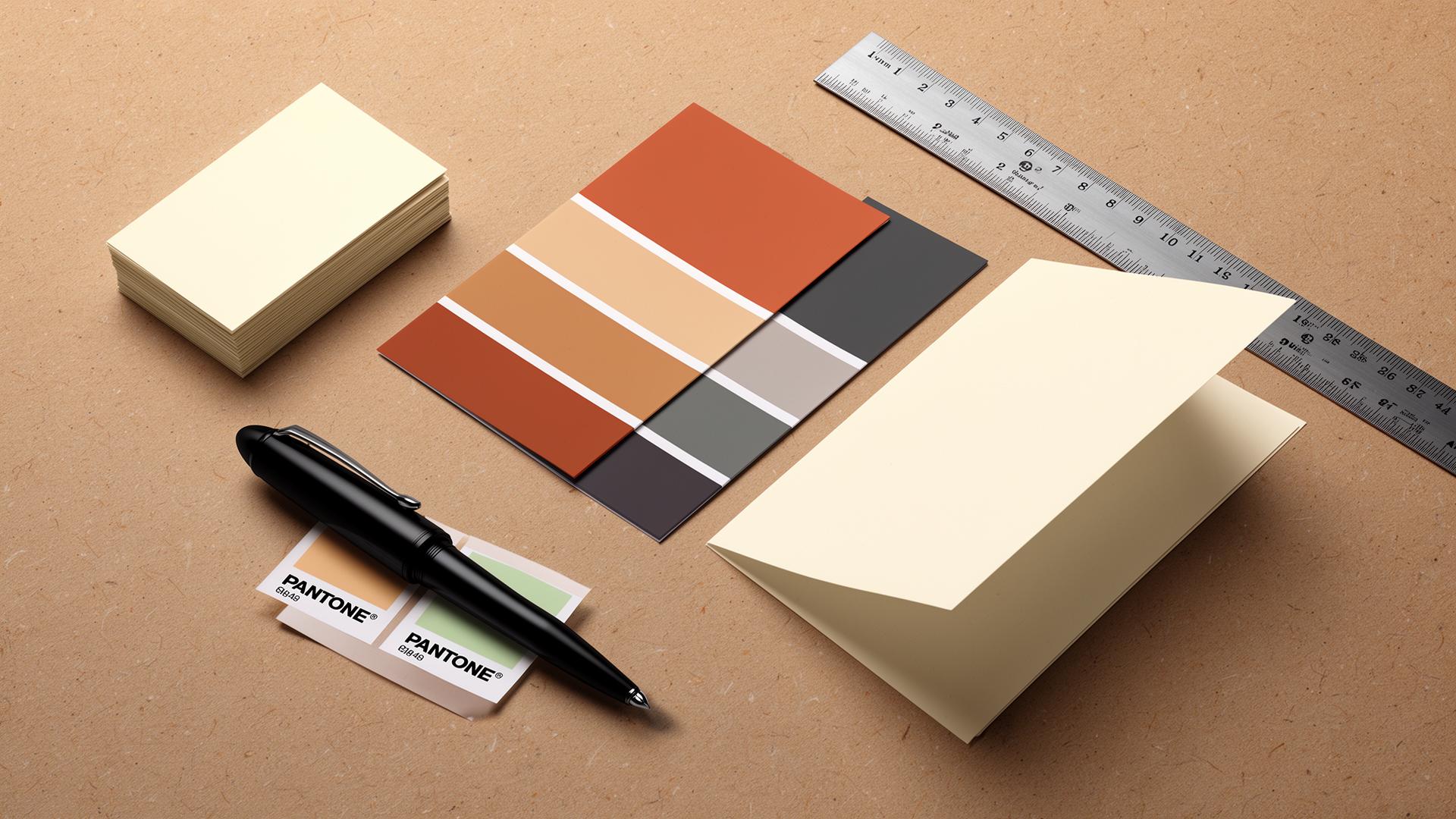 Branding-Flatlay mit Visitenkarten und Pantone